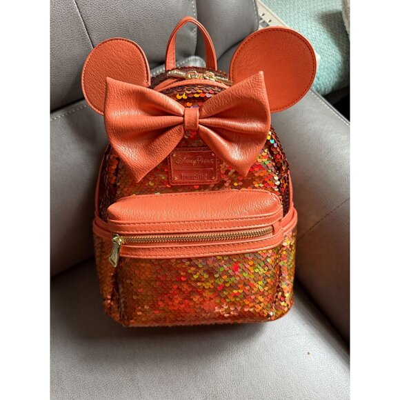 Disney Parks Loungefly Minnie Mouse Orange Sequin Mini Backpack With Bow & Ears - Picture 1 of 4